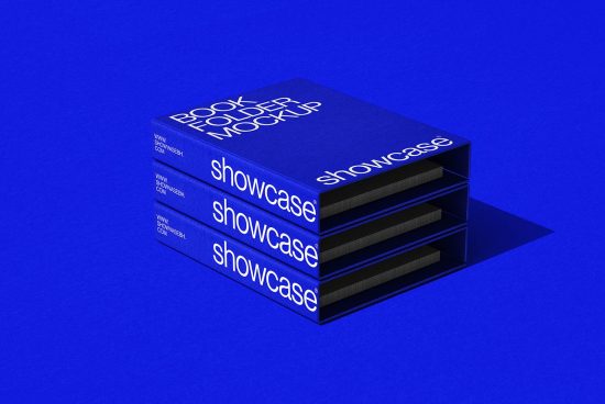 Stacked book folder mockup in blue with showcase text, ideal for graphic design and branding presentations, on a solid background.